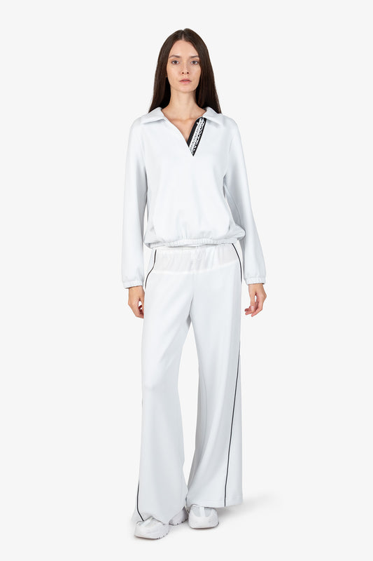 条纹针织饰边Polo领长袖卫衣