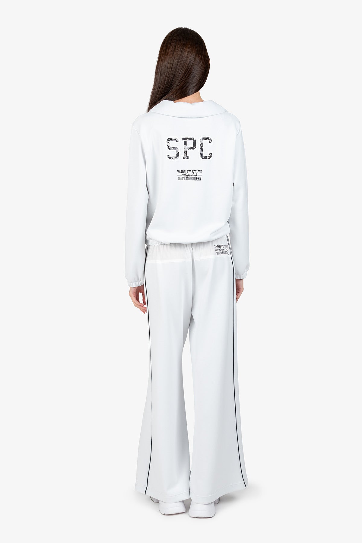 条纹针织饰边Polo领长袖卫衣