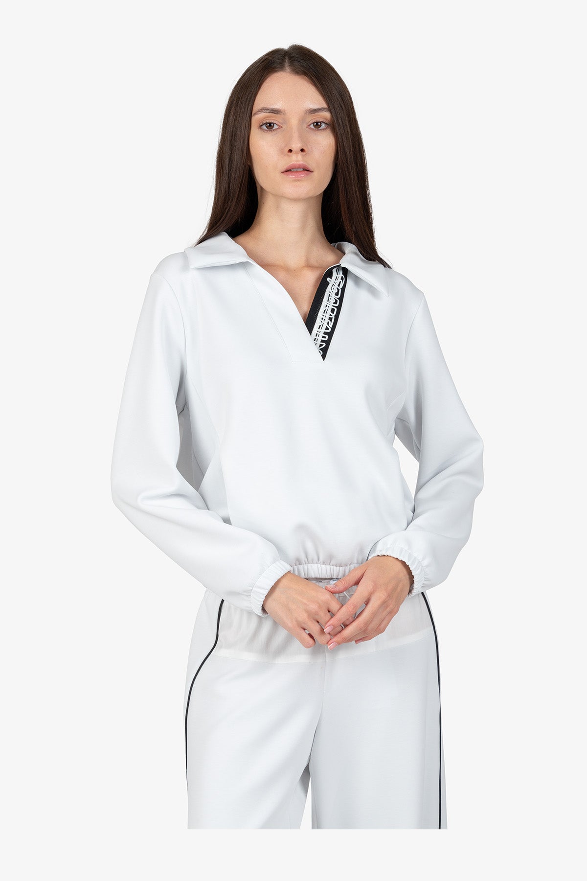 条纹针织饰边Polo领长袖卫衣