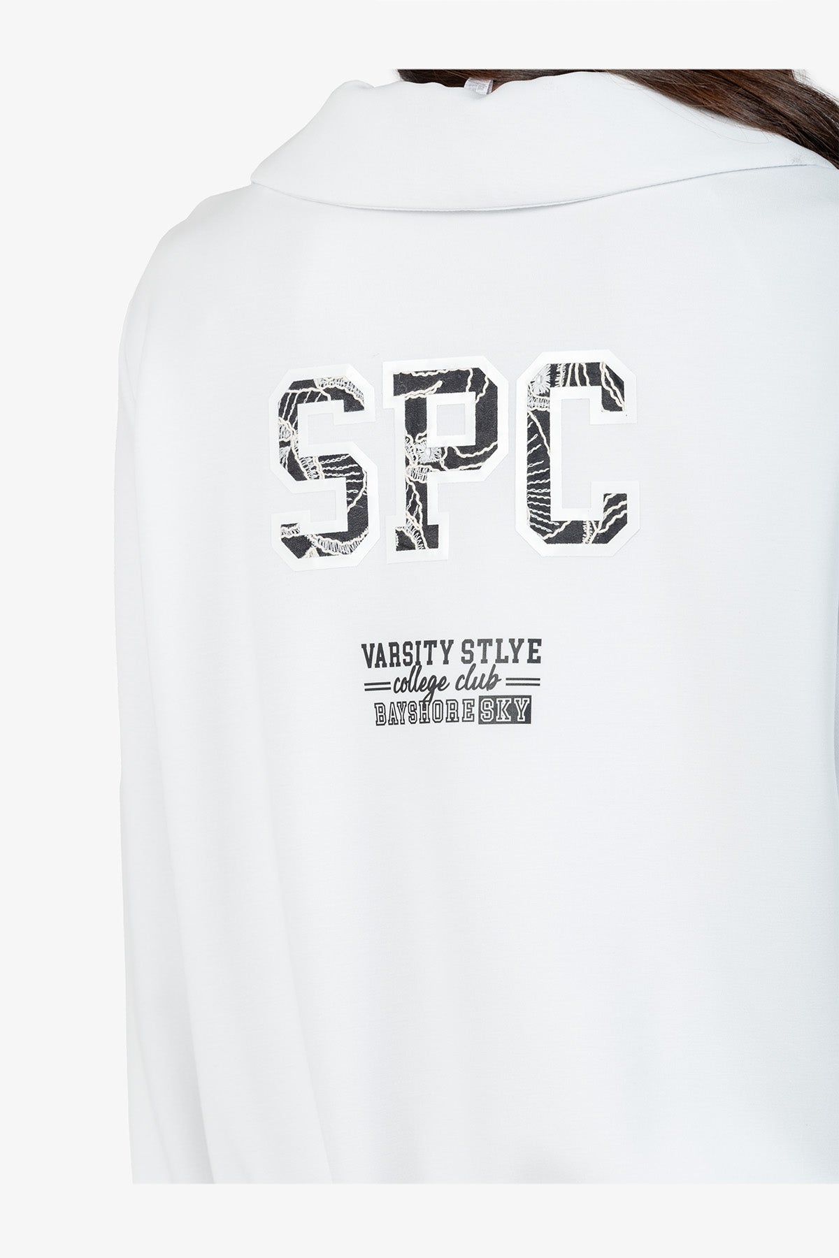 条纹针织饰边Polo领长袖卫衣