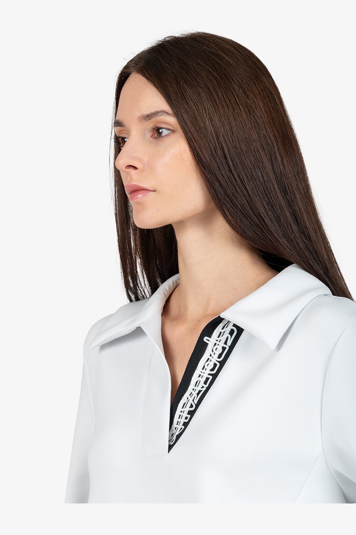 条纹针织饰边Polo领长袖卫衣