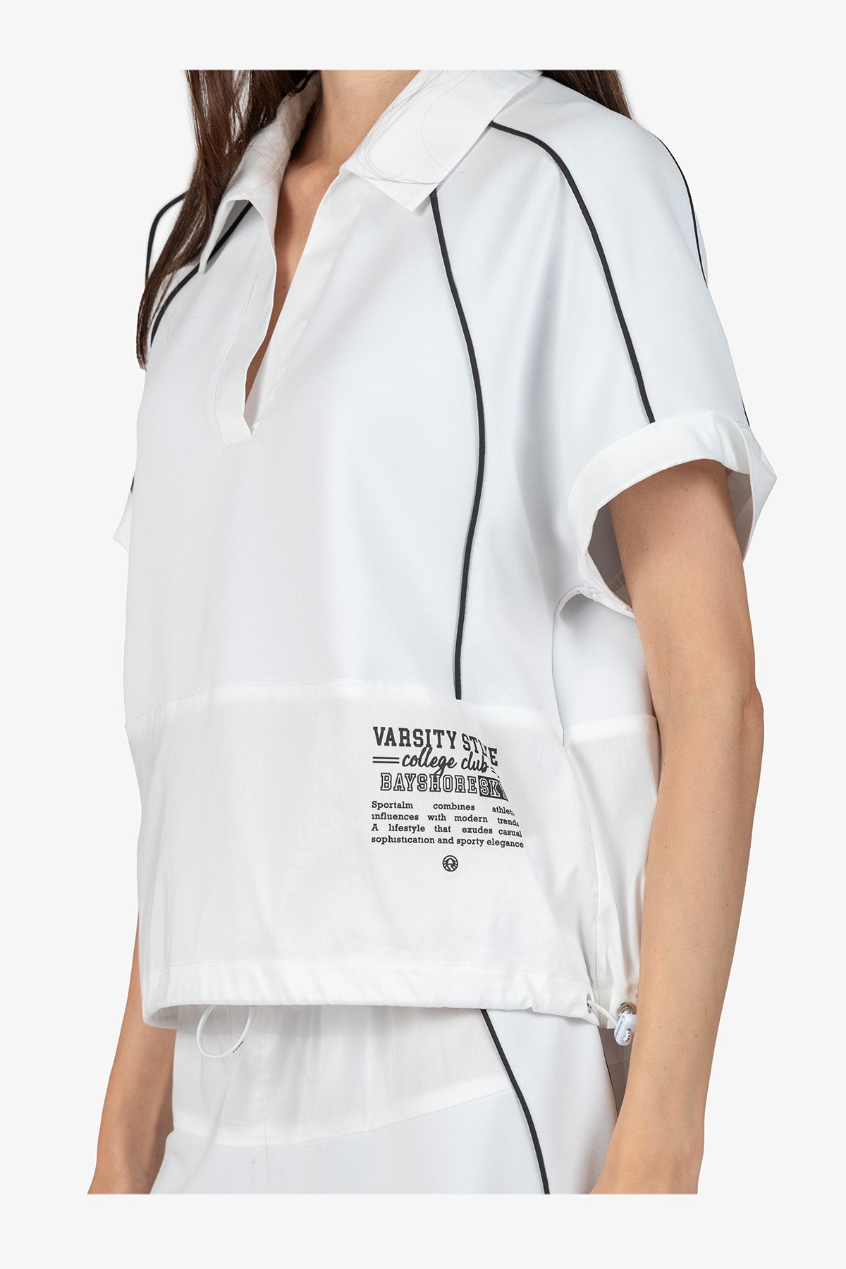 撞色饰边Polo领抽绳卫衣