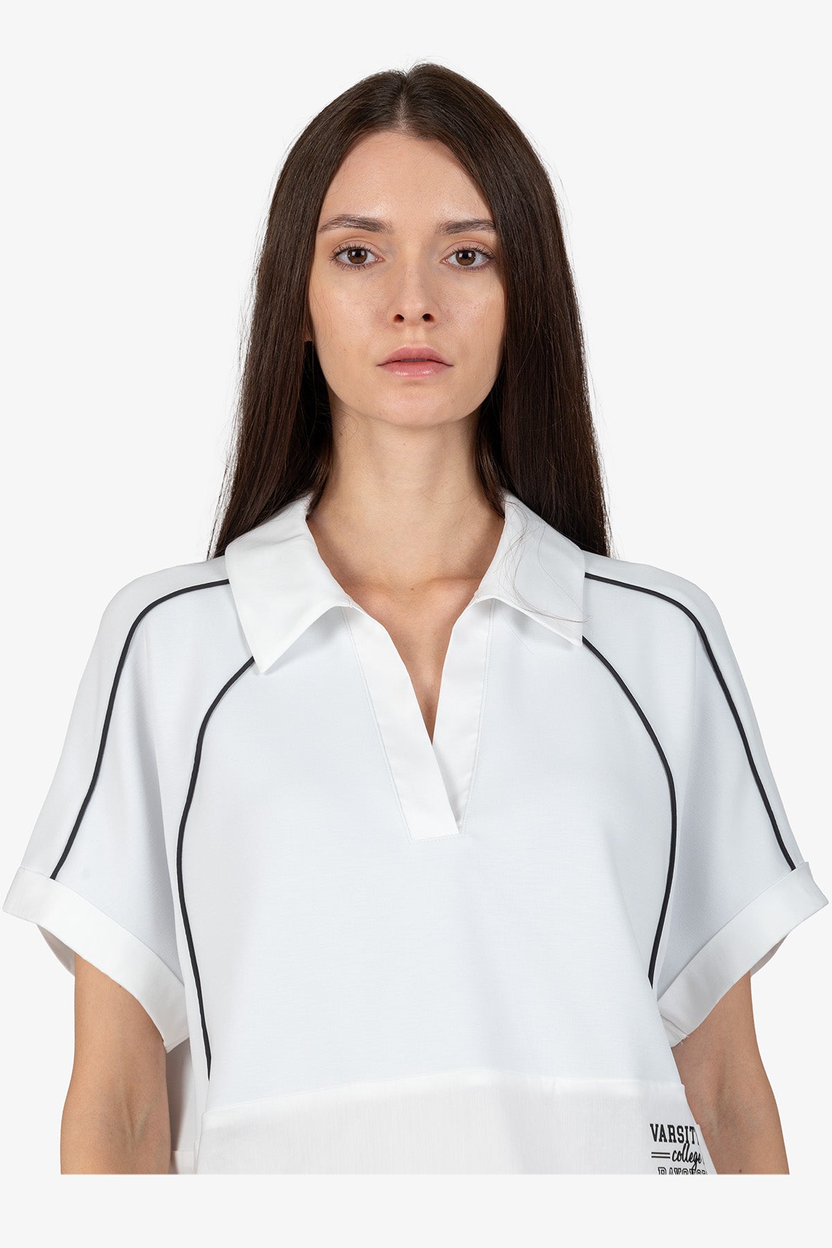 撞色饰边Polo领抽绳卫衣