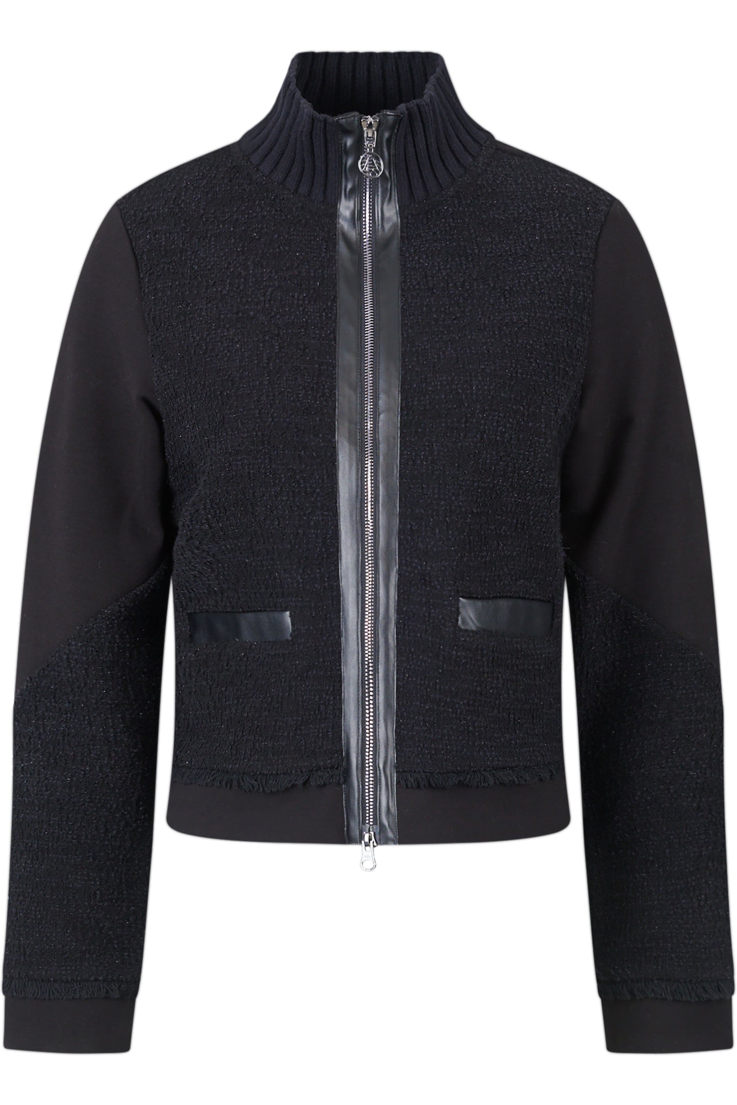 皮革饰边拉链立领夹克