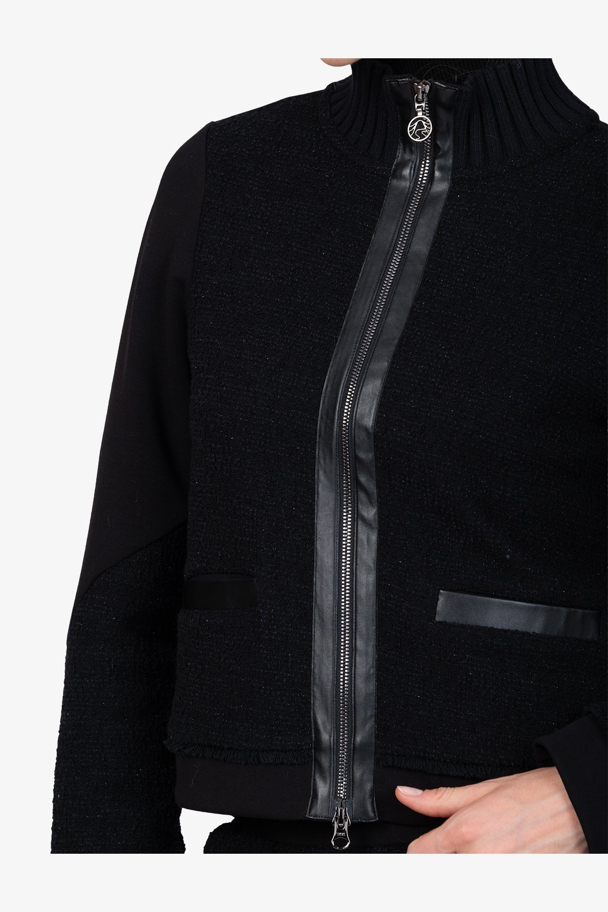 皮革饰边拉链立领夹克