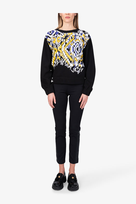 串珠亮片裝飾印花圓領套頭衫