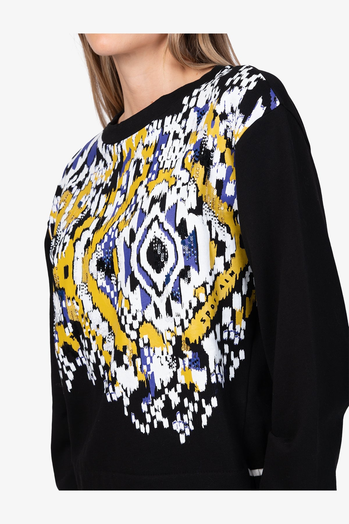 串珠亮片裝飾印花圓領套頭衫