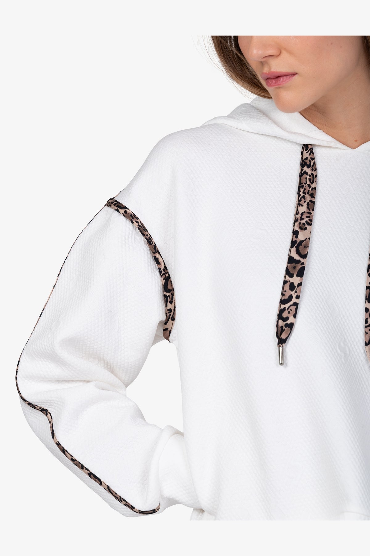 豹紋鑲邊抽繩連帽提花衛衣
