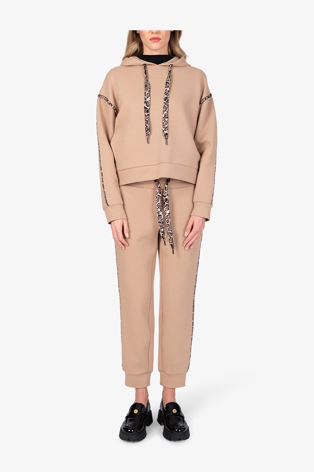 豹紋鑲邊抽繩連帽提花衛衣