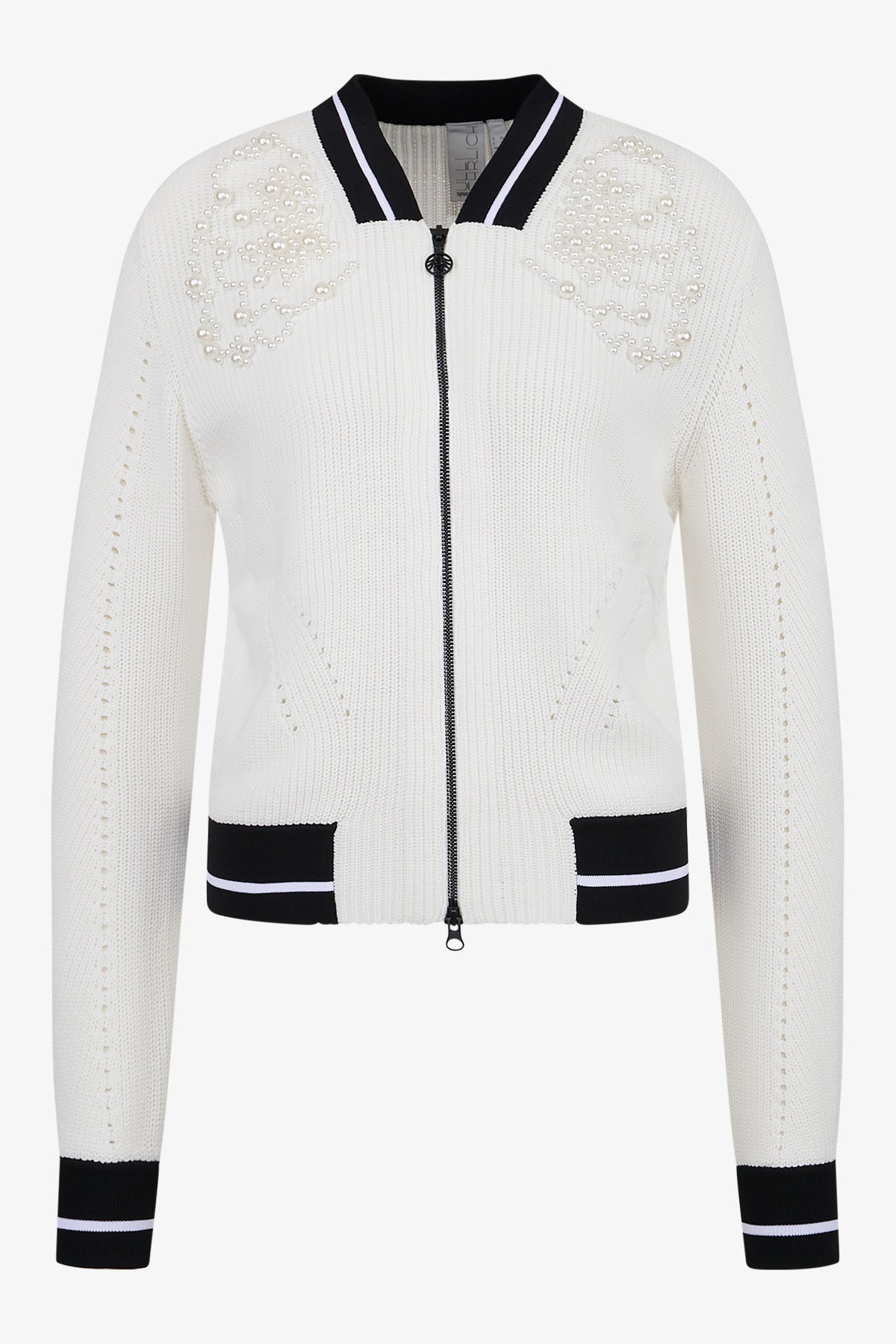 撞色条纹饰边珍珠刺绣针织开衫