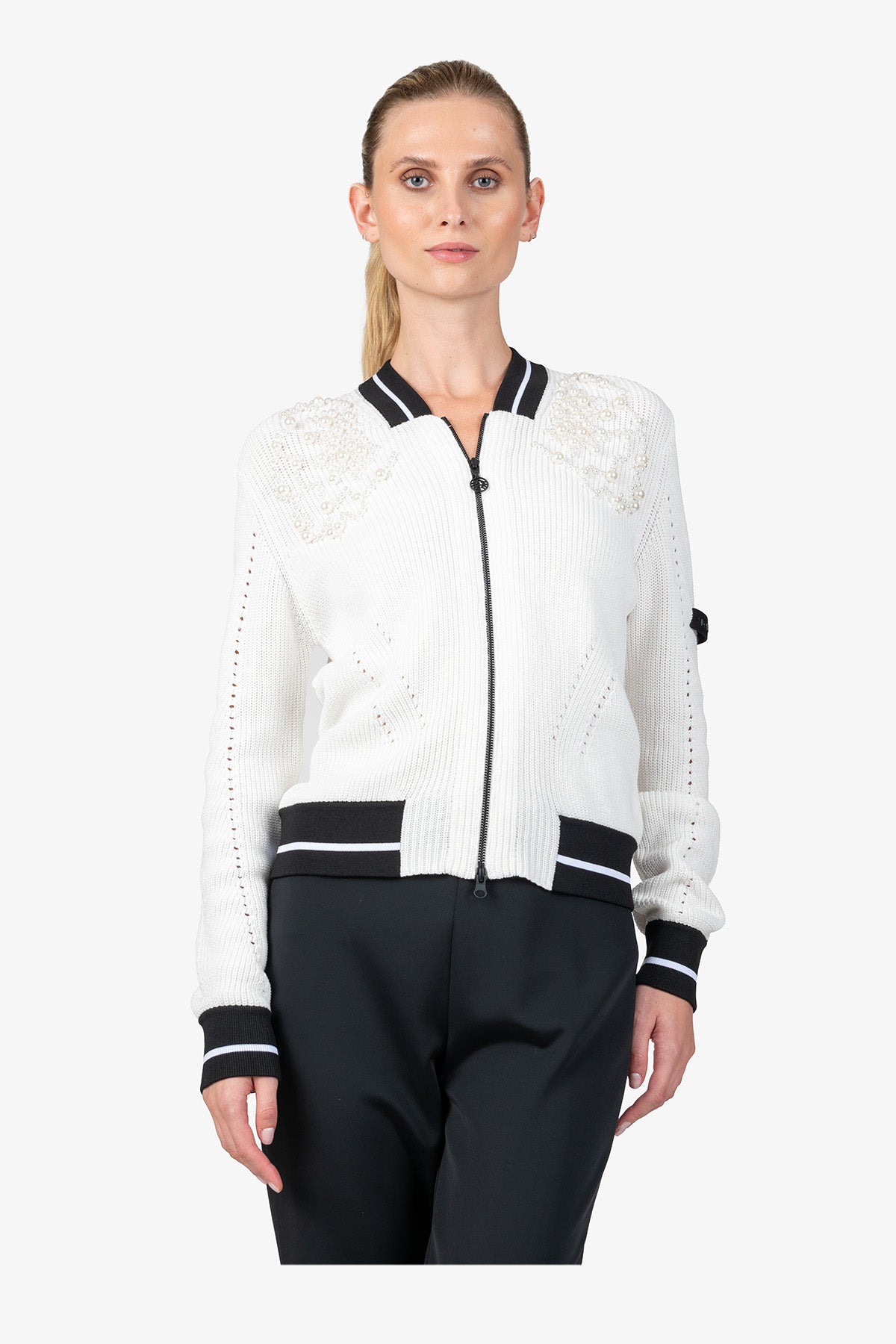 撞色条纹饰边珍珠刺绣针织开衫