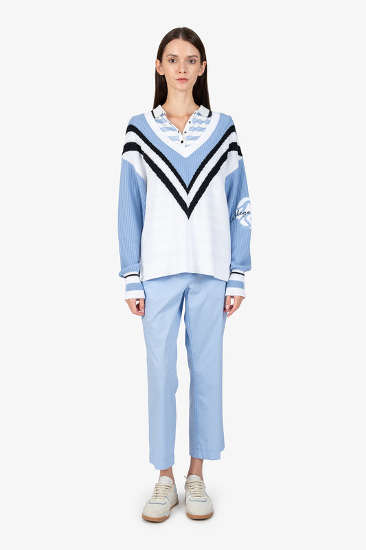 撞色条纹V领针织上衣