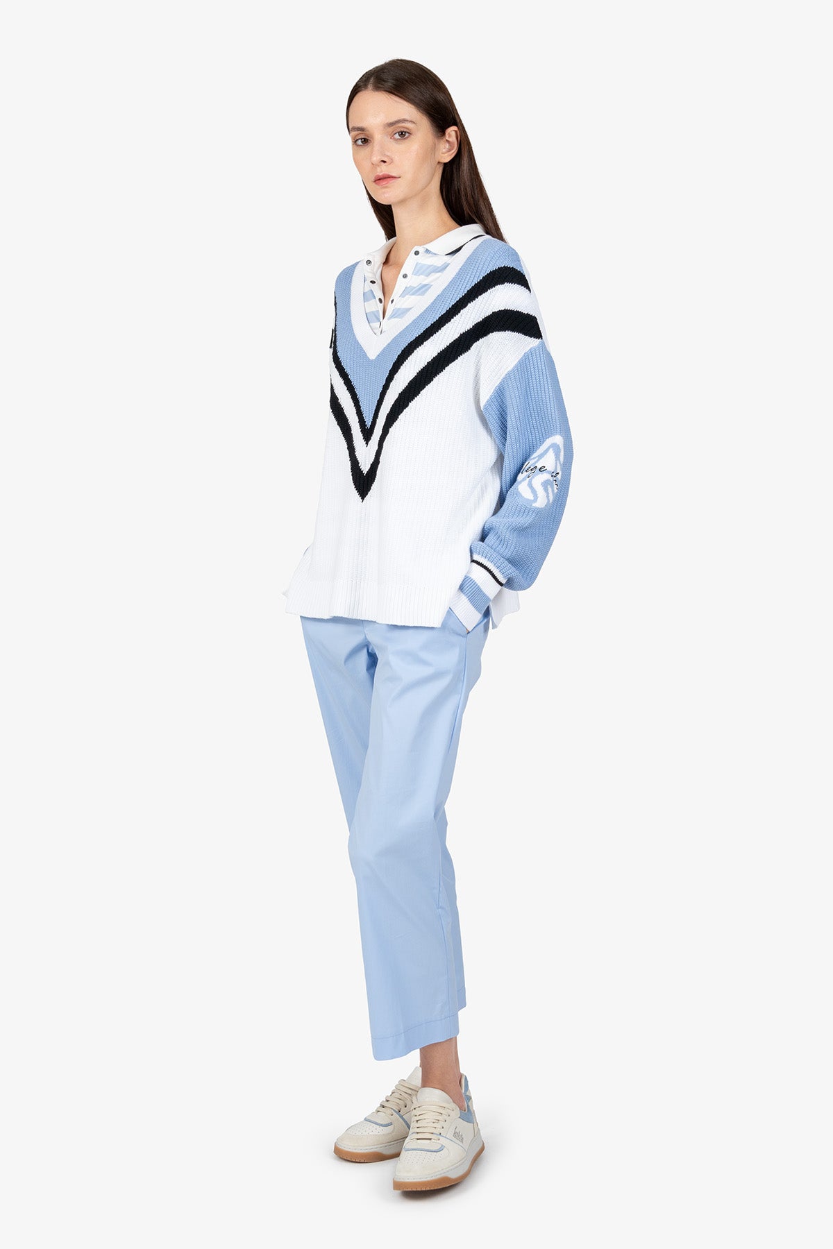 撞色条纹V领针织上衣