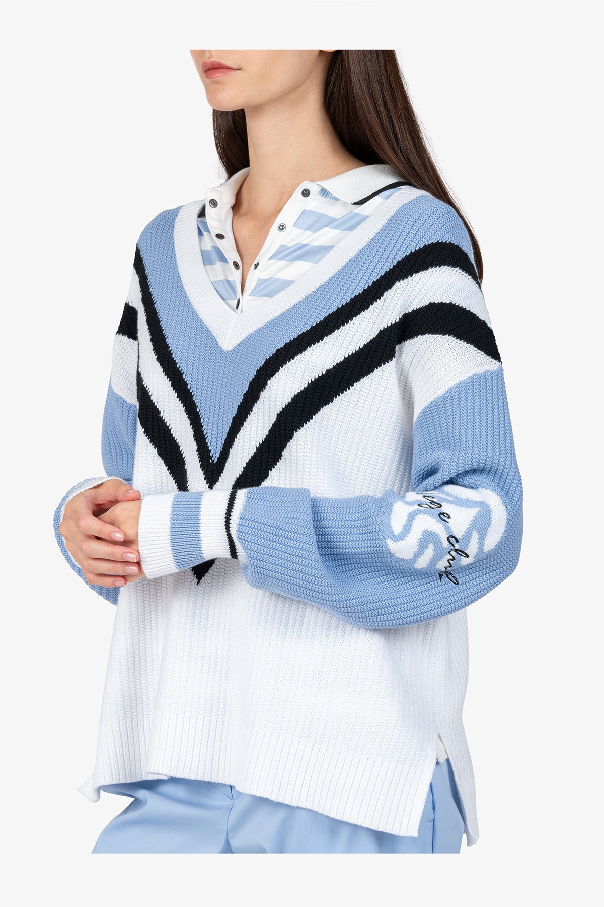 撞色条纹V领针织上衣