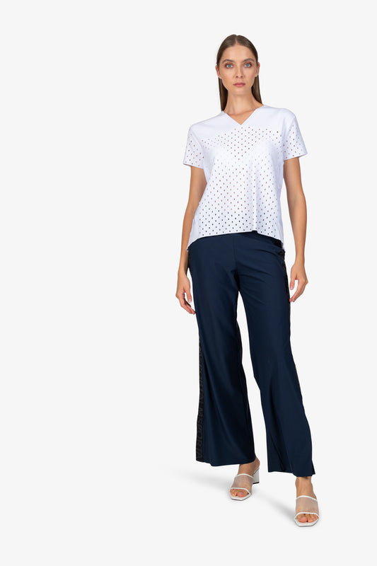 印花拼接V领镂空针织上衣