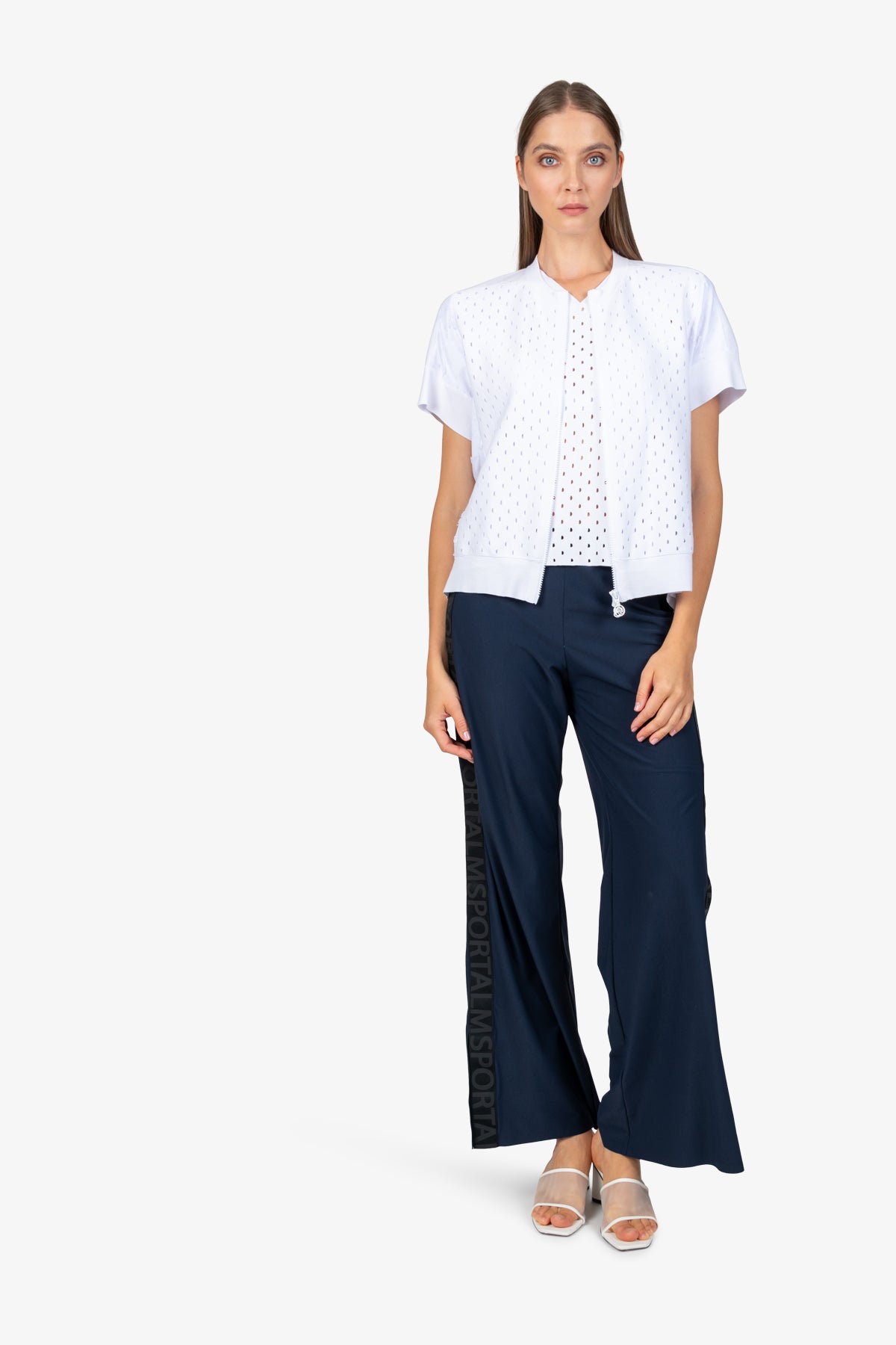 印花拼接圆领镂空针织上衣