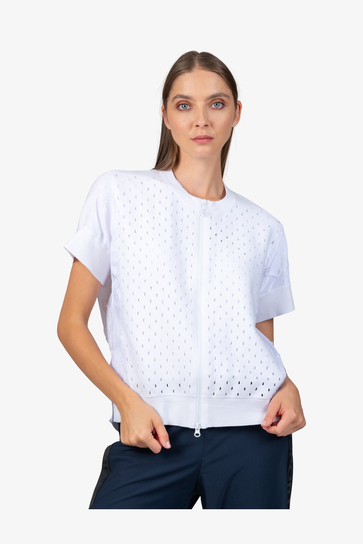 印花拼接圆领镂空针织上衣