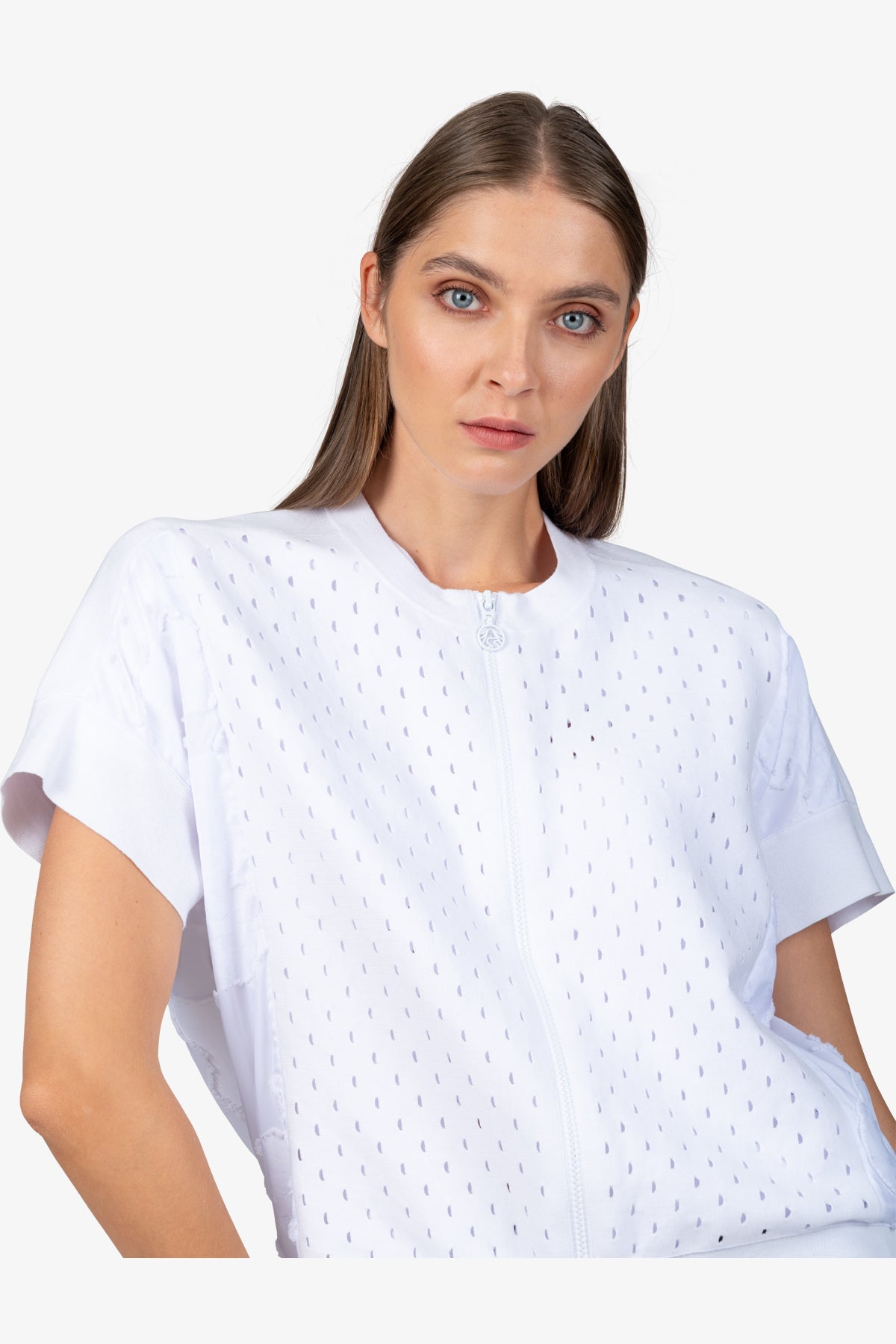 印花拼接圆领镂空针织上衣