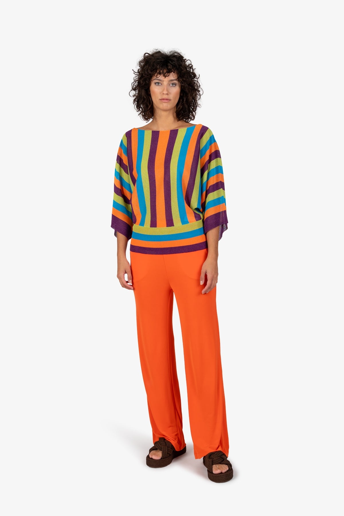 一字領彩色條紋針織上衣