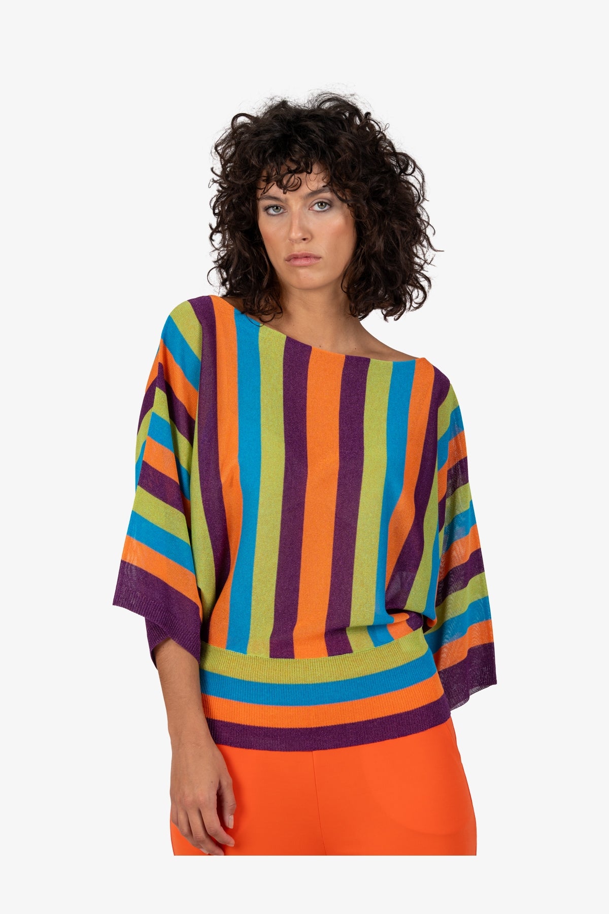 一字領彩色條紋針織上衣