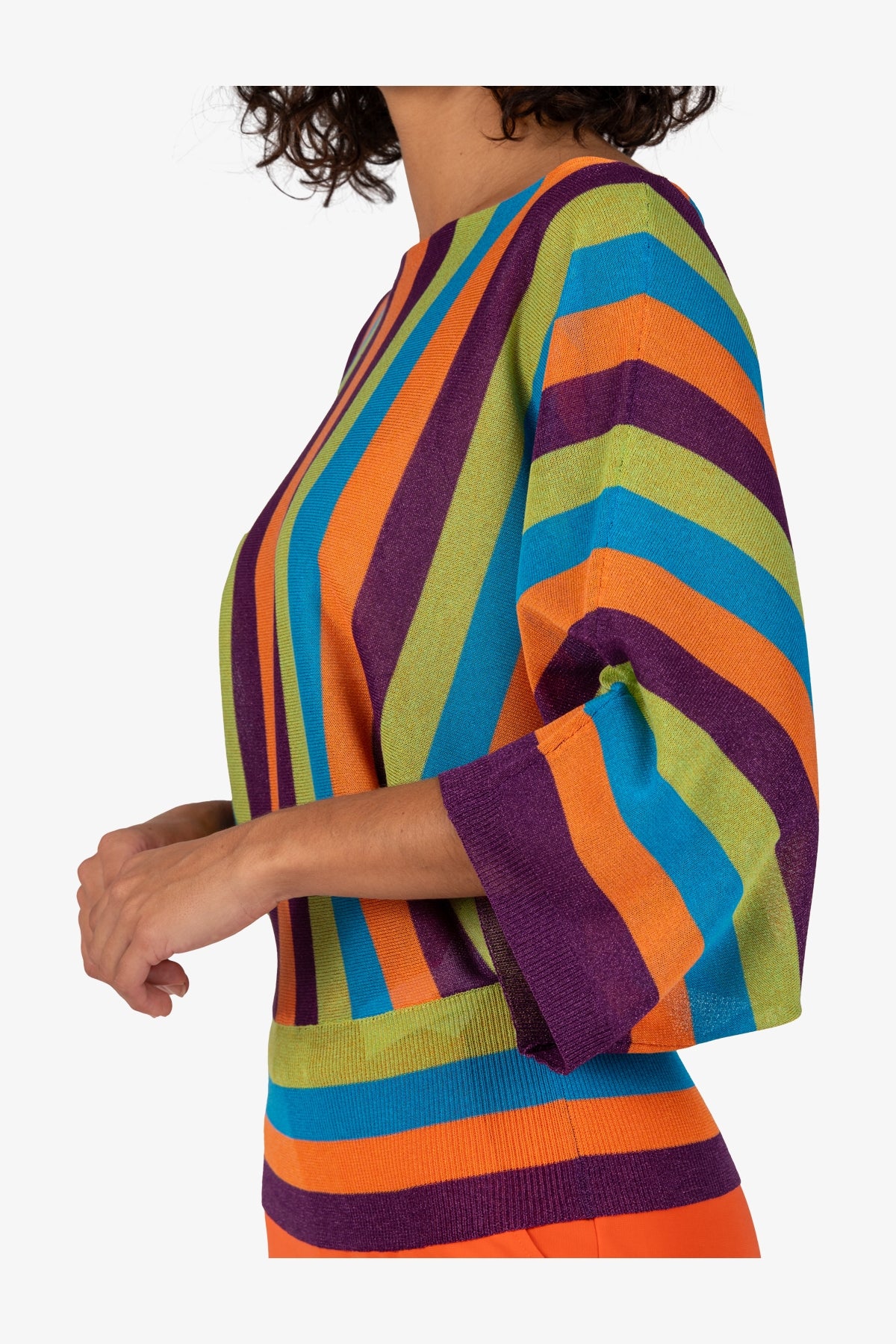 一字領彩色條紋針織上衣