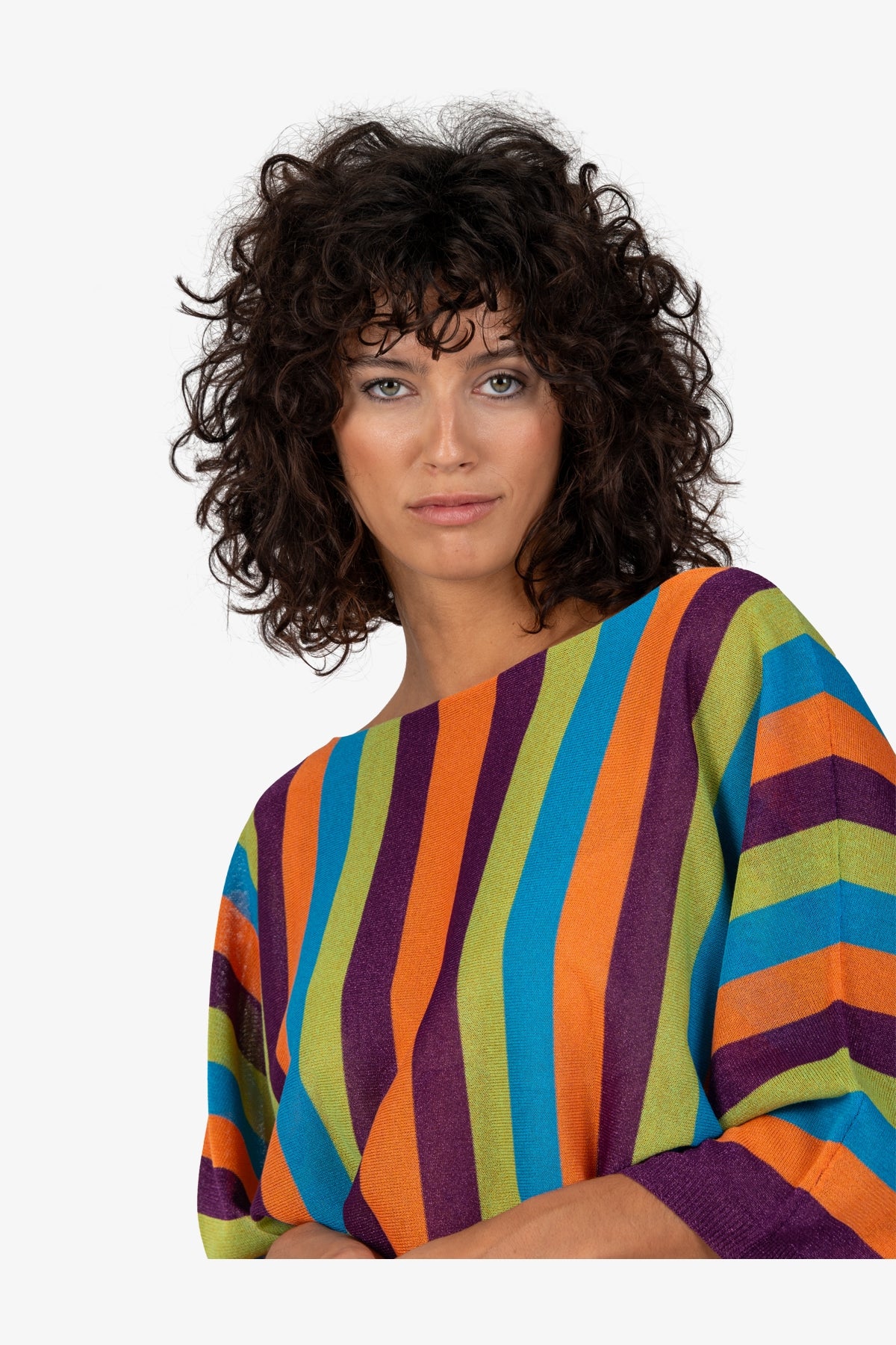 一字領彩色條紋針織上衣