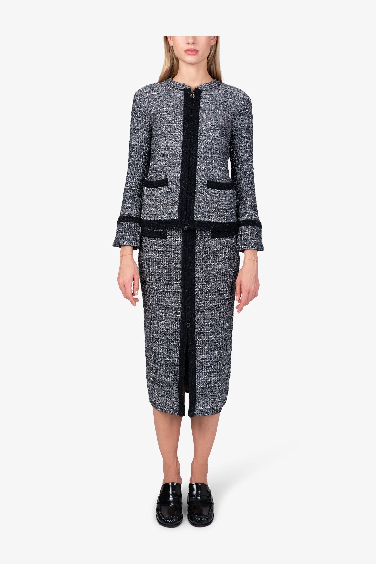 粗花呢效果圆领拉链外套