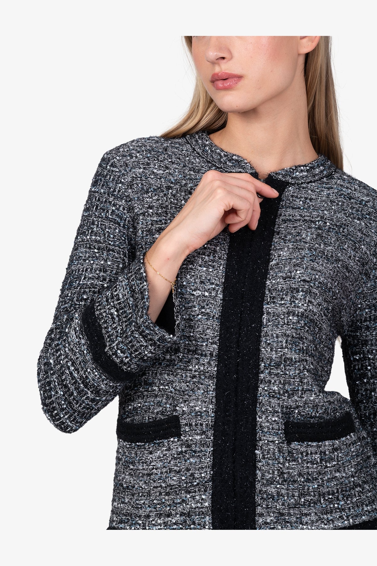 粗花呢效果圆领拉链外套