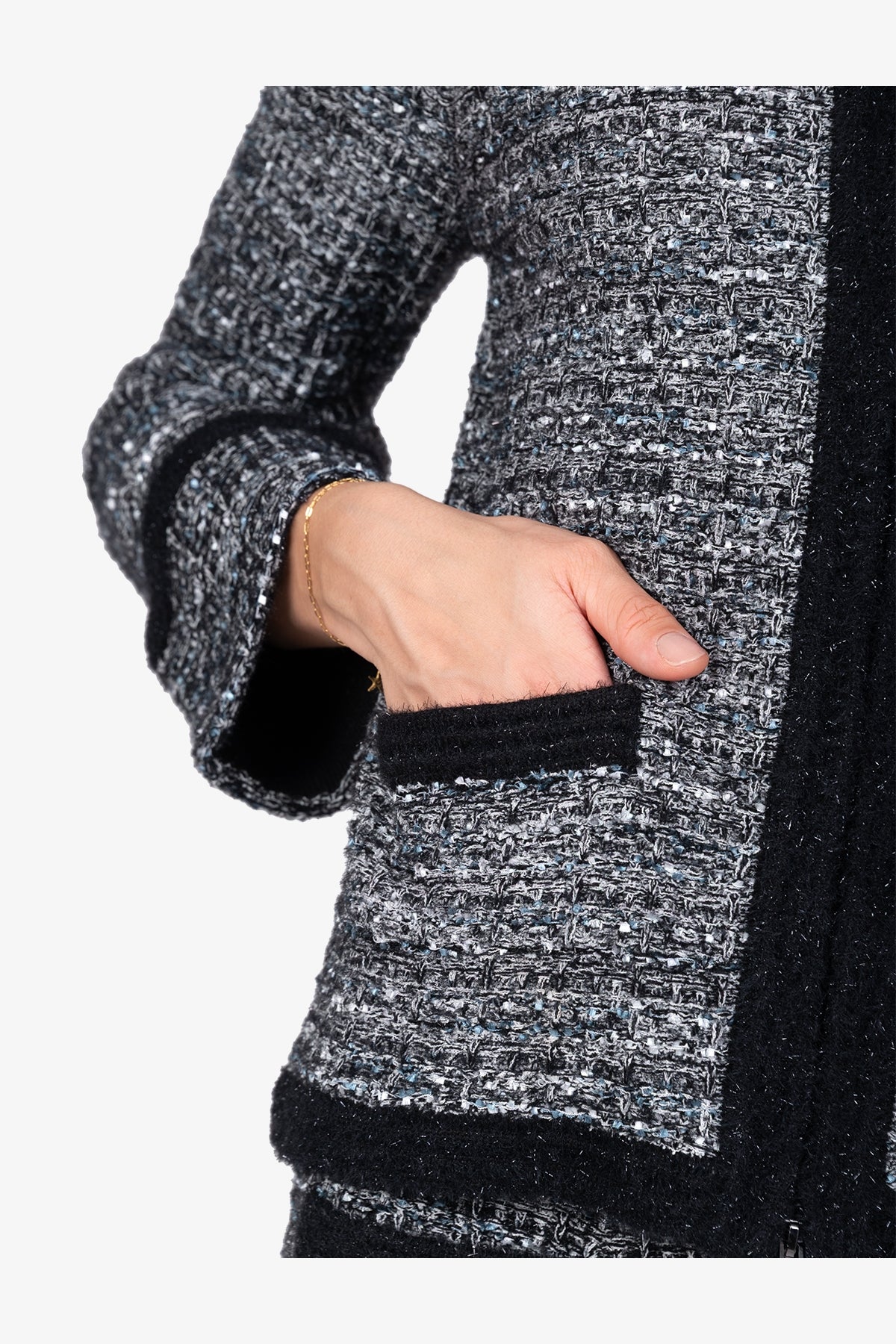 粗花呢效果圆领拉链外套