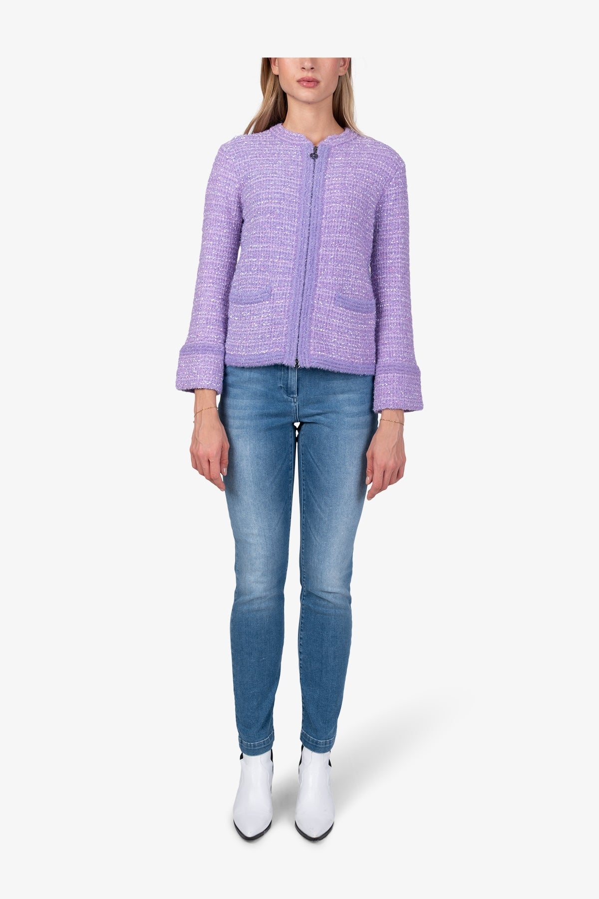 粗花呢效果圆领拉链外套