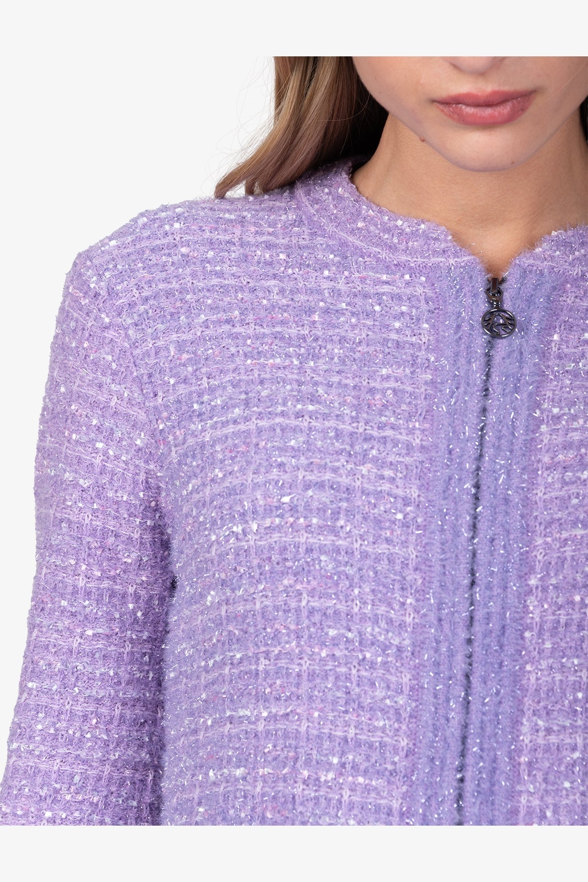 粗花呢效果圆领拉链外套