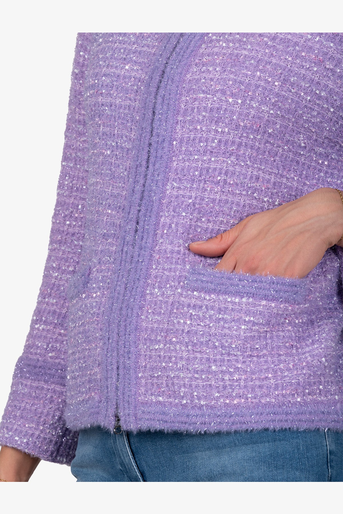 粗花呢效果圆领拉链外套