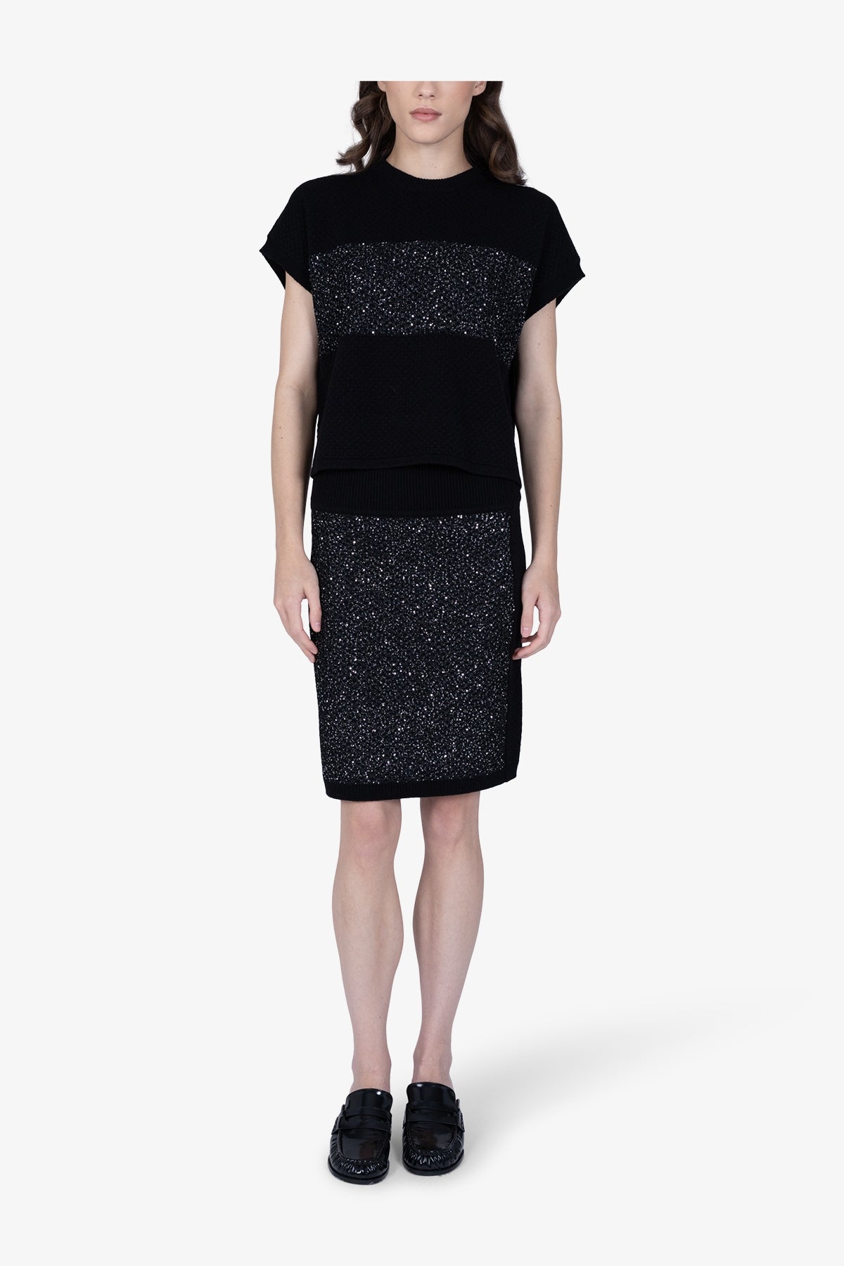 微閃粗眼針織條紋拼接短袖上衣