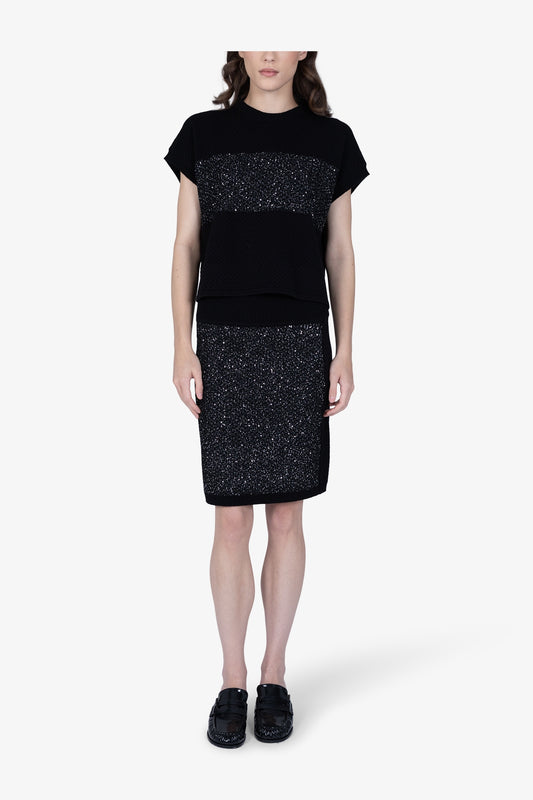 微閃粗眼針織條紋拼接短袖上衣