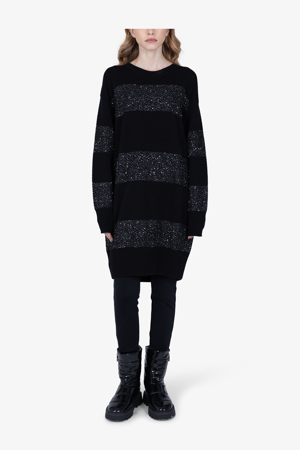 微閃粗眼針織條紋拼接長袖套頭衫