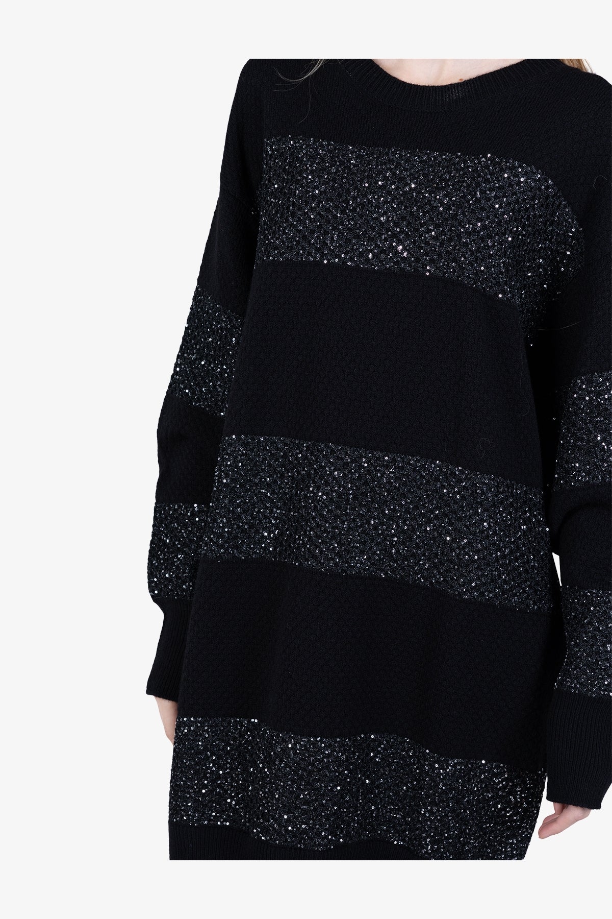 微閃粗眼針織條紋拼接長袖套頭衫