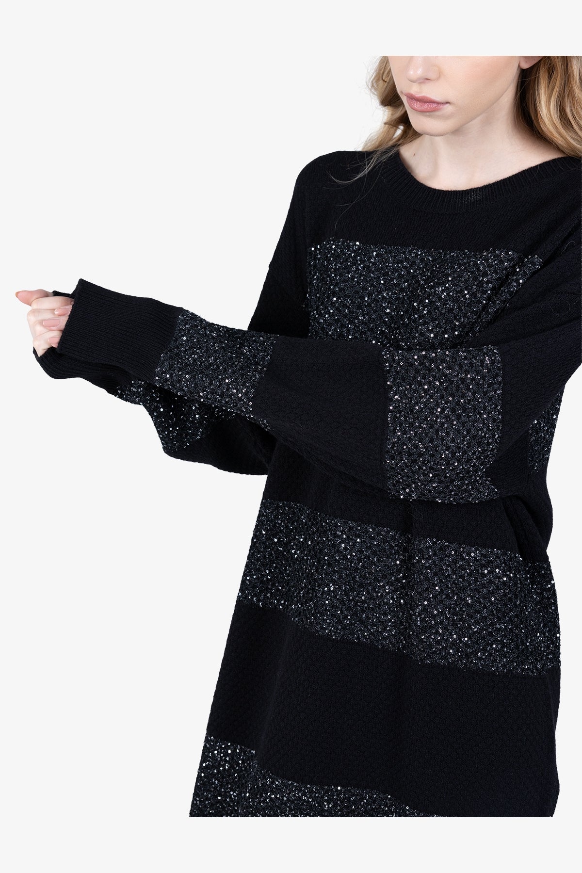 微閃粗眼針織條紋拼接長袖套頭衫