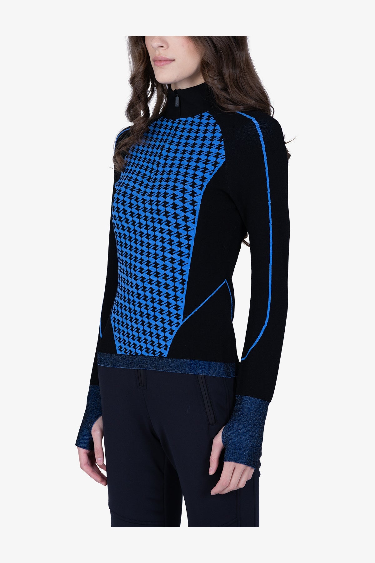 撞色嵌花条纹拉链立领针织套头衫