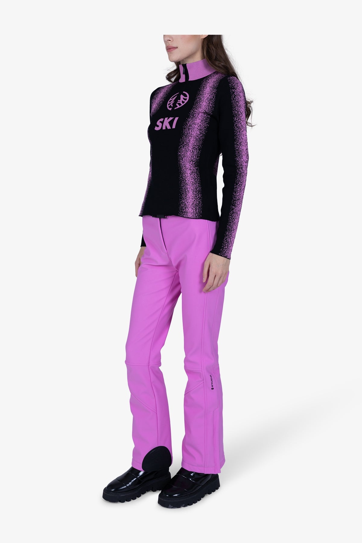 双色竖条纹印字拉链立领针织套头衫