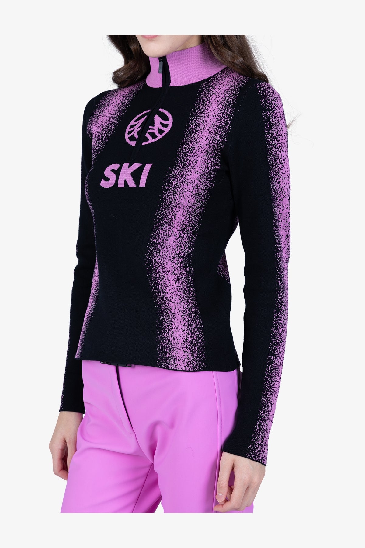 双色竖条纹印字拉链立领针织套头衫