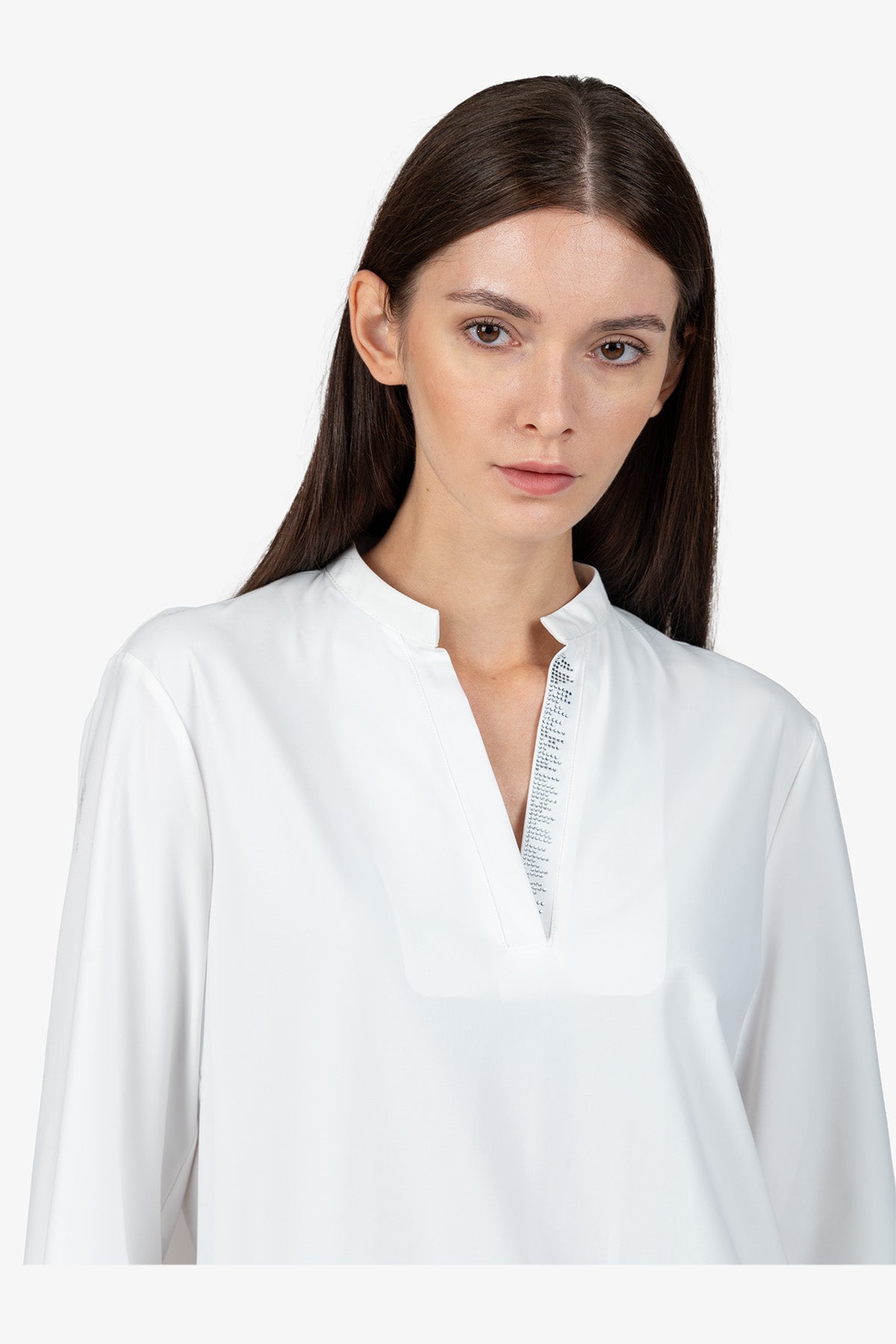 水鑽裝飾V型小立領休閒上衣