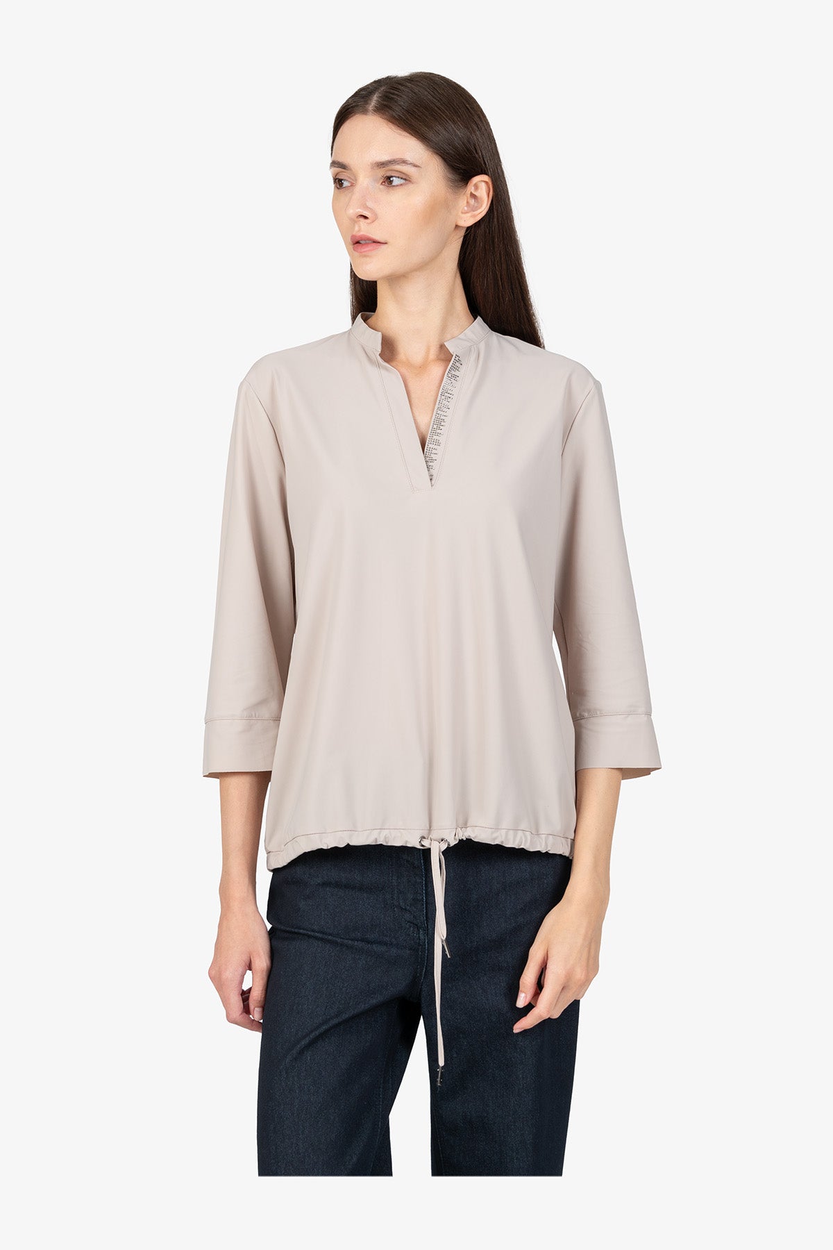 水鑽裝飾V型小立領休閒上衣