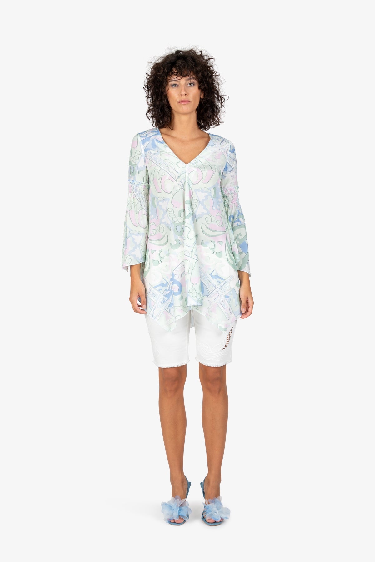 V領印花長袖上衣