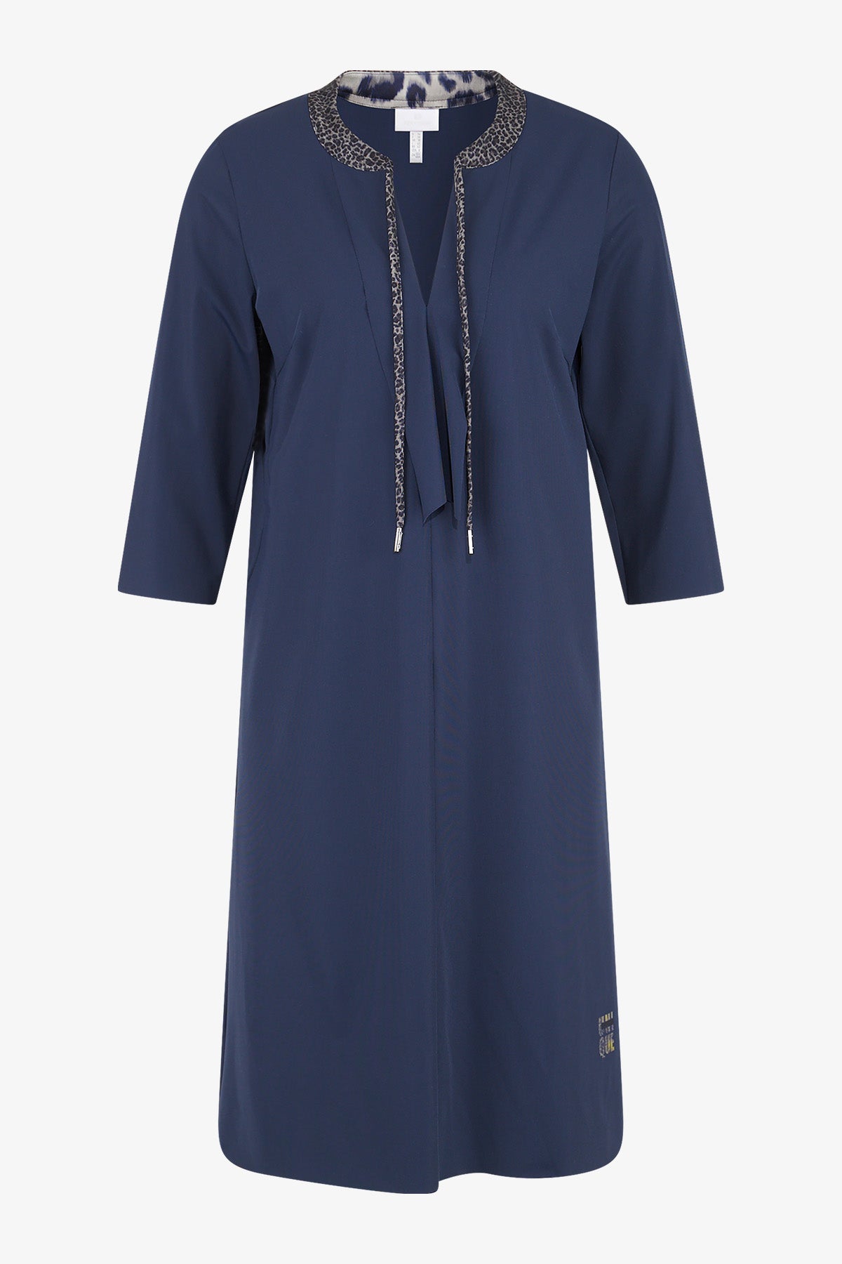 豹紋飾邊系帶領七分袖連衣裙