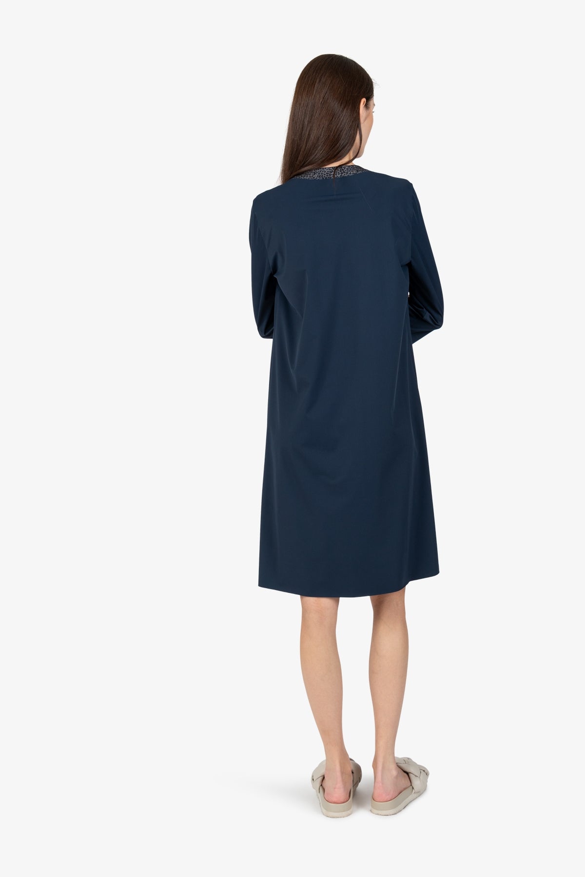 豹紋飾邊系帶領七分袖連衣裙