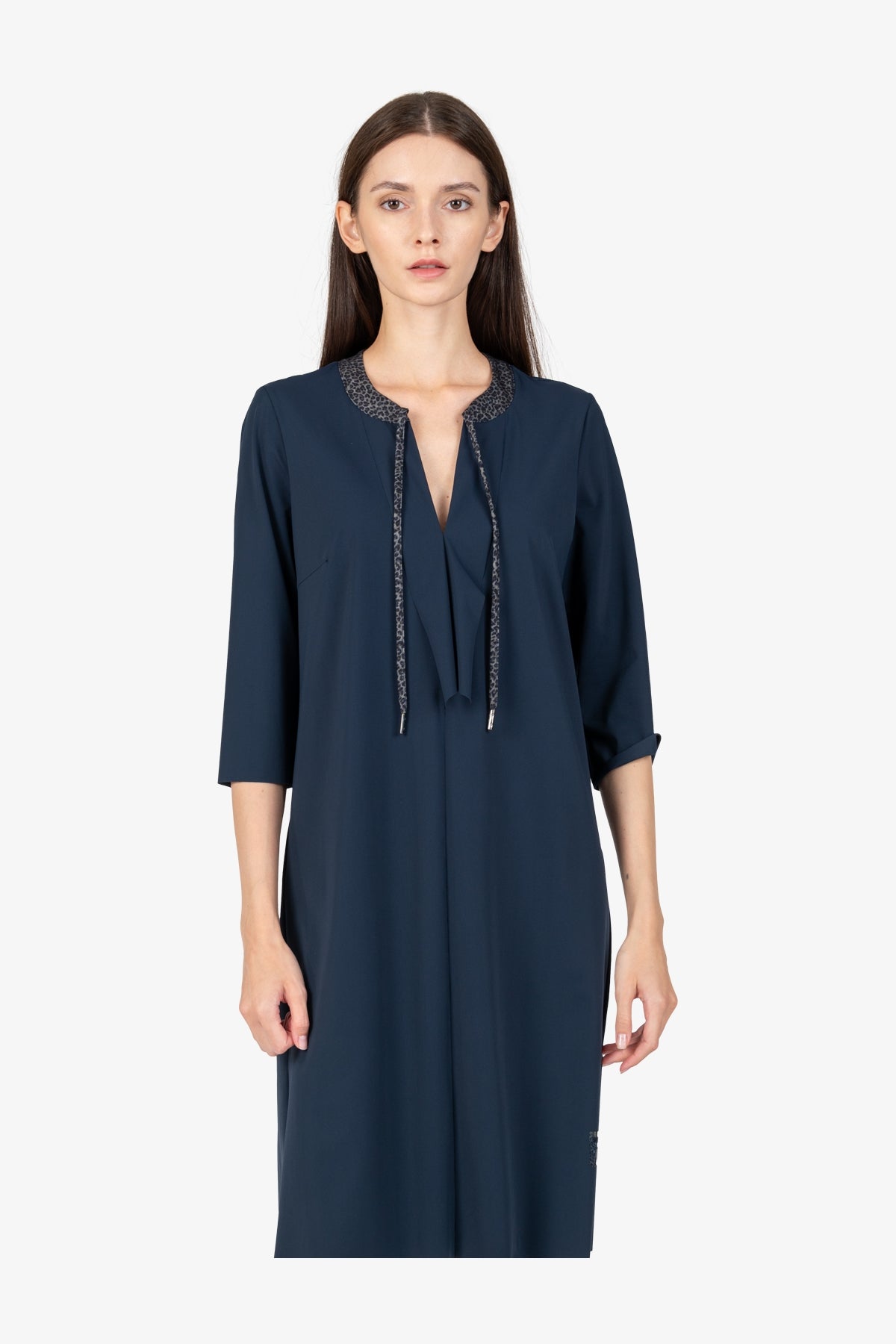 豹紋飾邊系帶領七分袖連衣裙