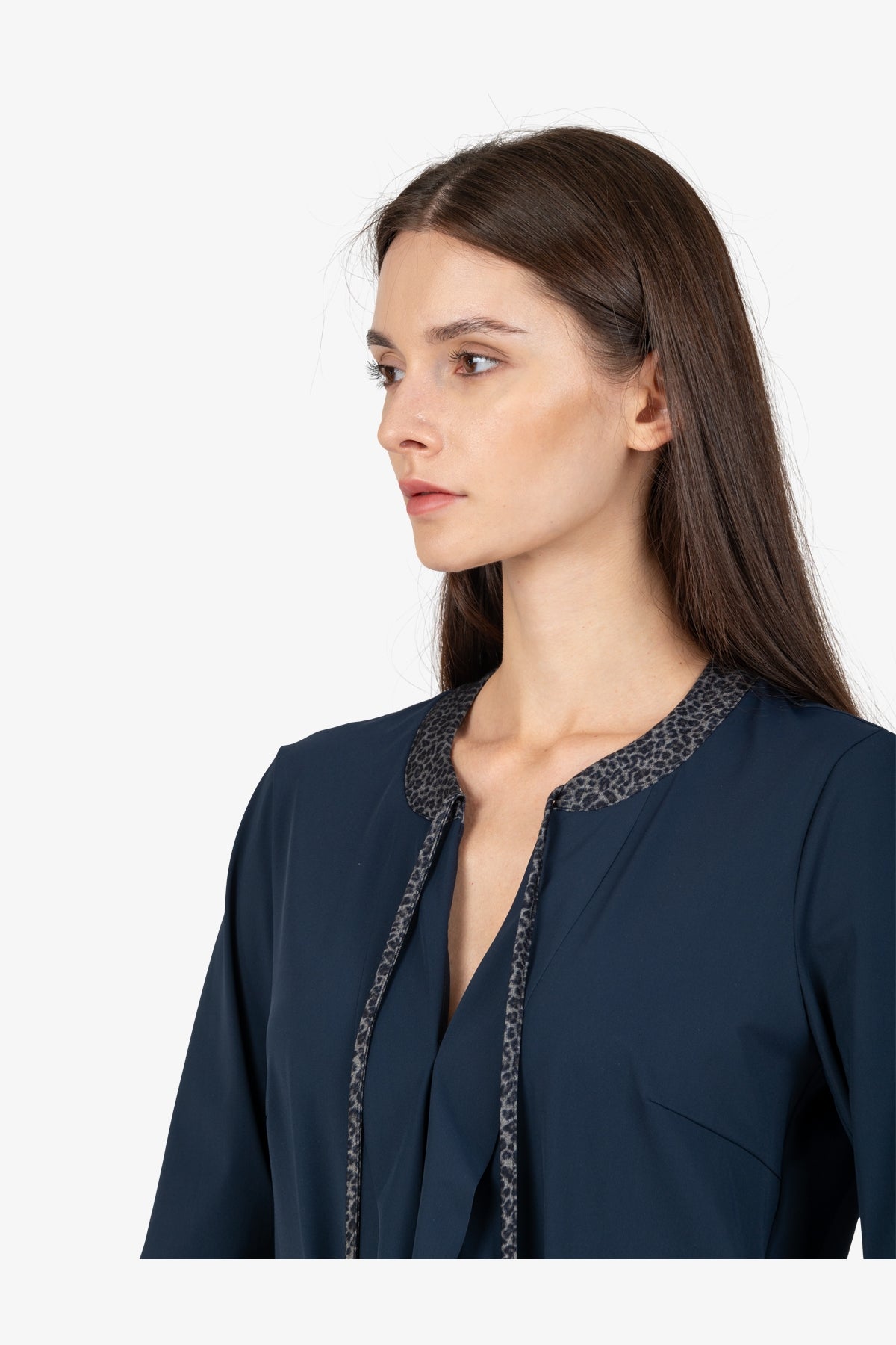 豹紋飾邊系帶領七分袖連衣裙