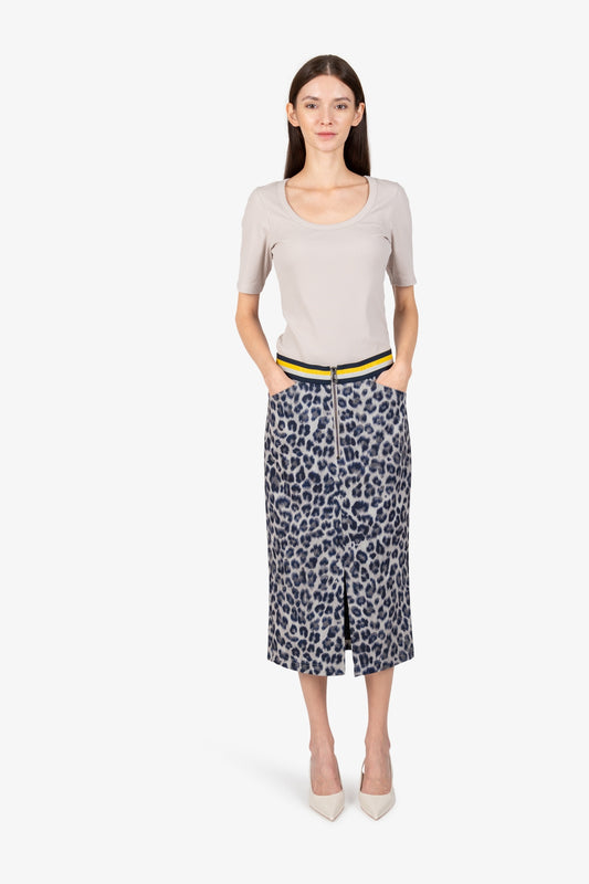 Logo條紋鬆緊腰豹紋印花半身裙