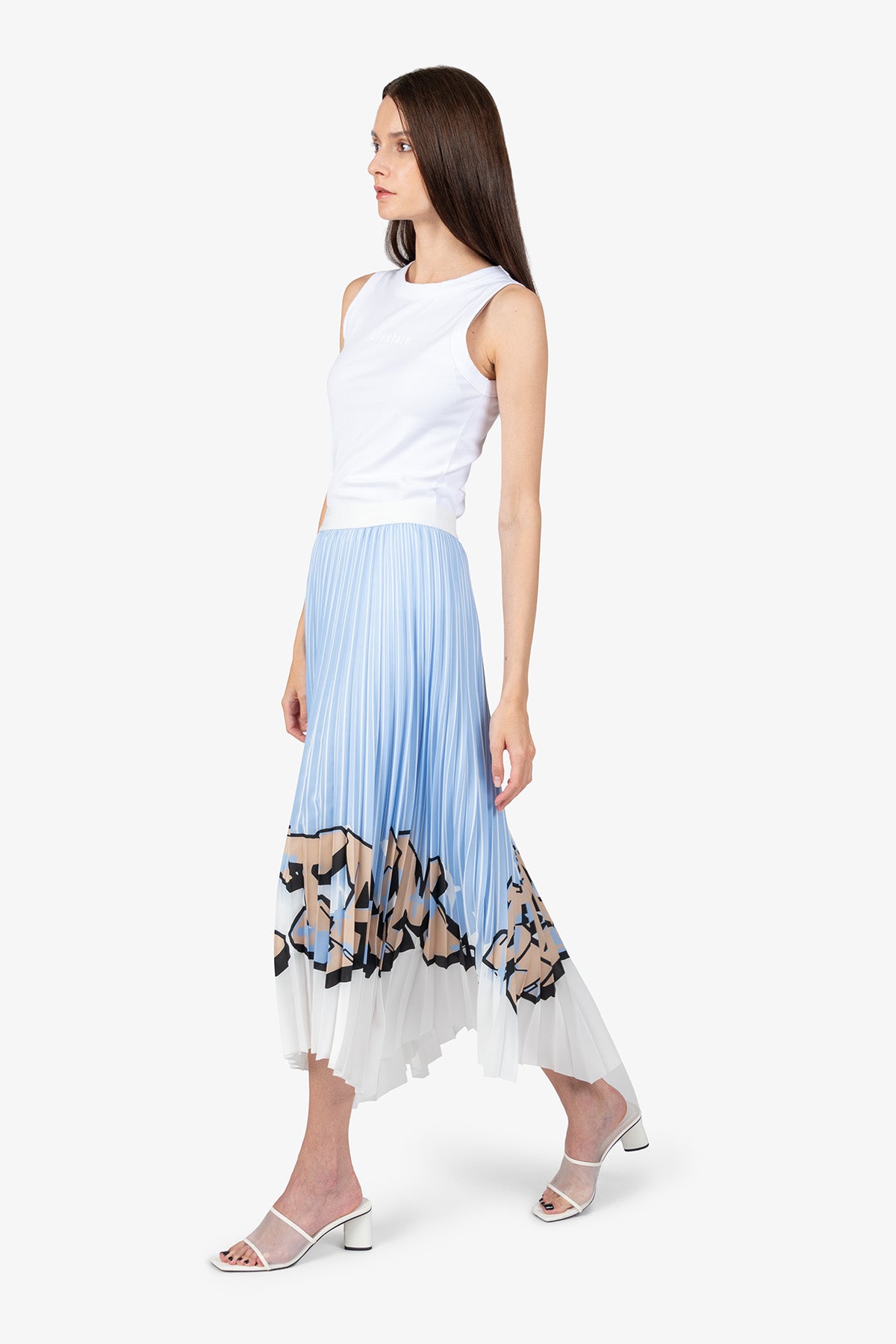 鬆緊腰印花鋼琴褶半身裙