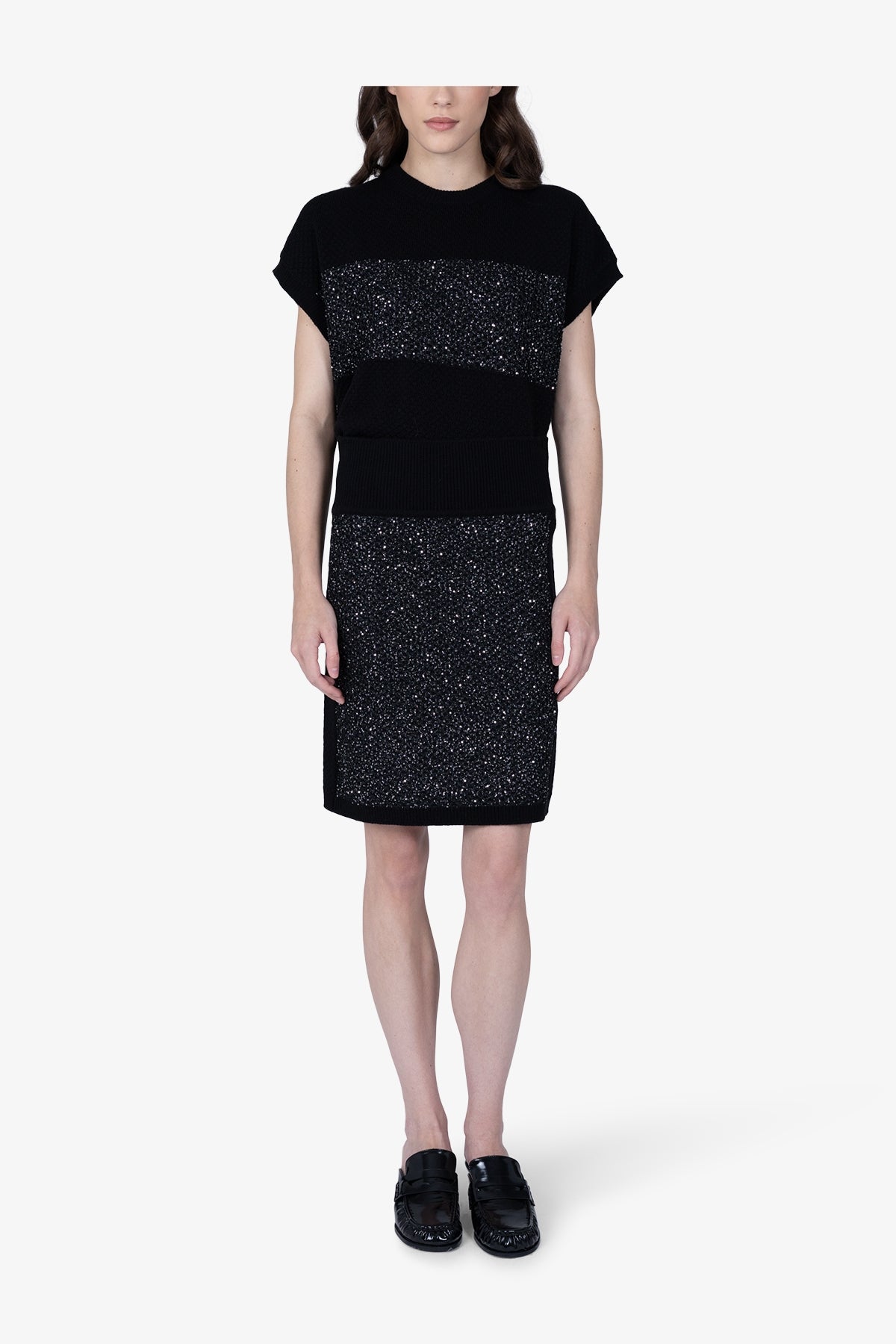 微閃粗眼針織拼接鬆緊腰半身裙